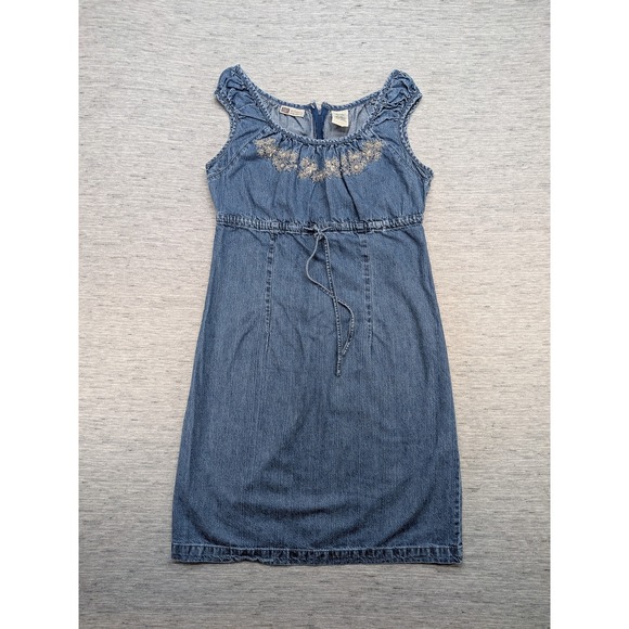 y2k‎ Faded Glory Dress Womens Medium Denim Sleeveless Embroidered Floral Boho - Picture 1 of 8